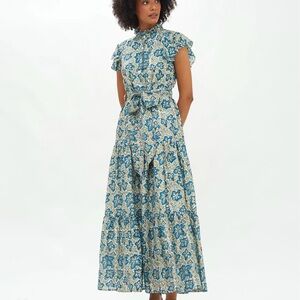Oliphant Blue and Cream Floral Maxi Dress with Tie Waist